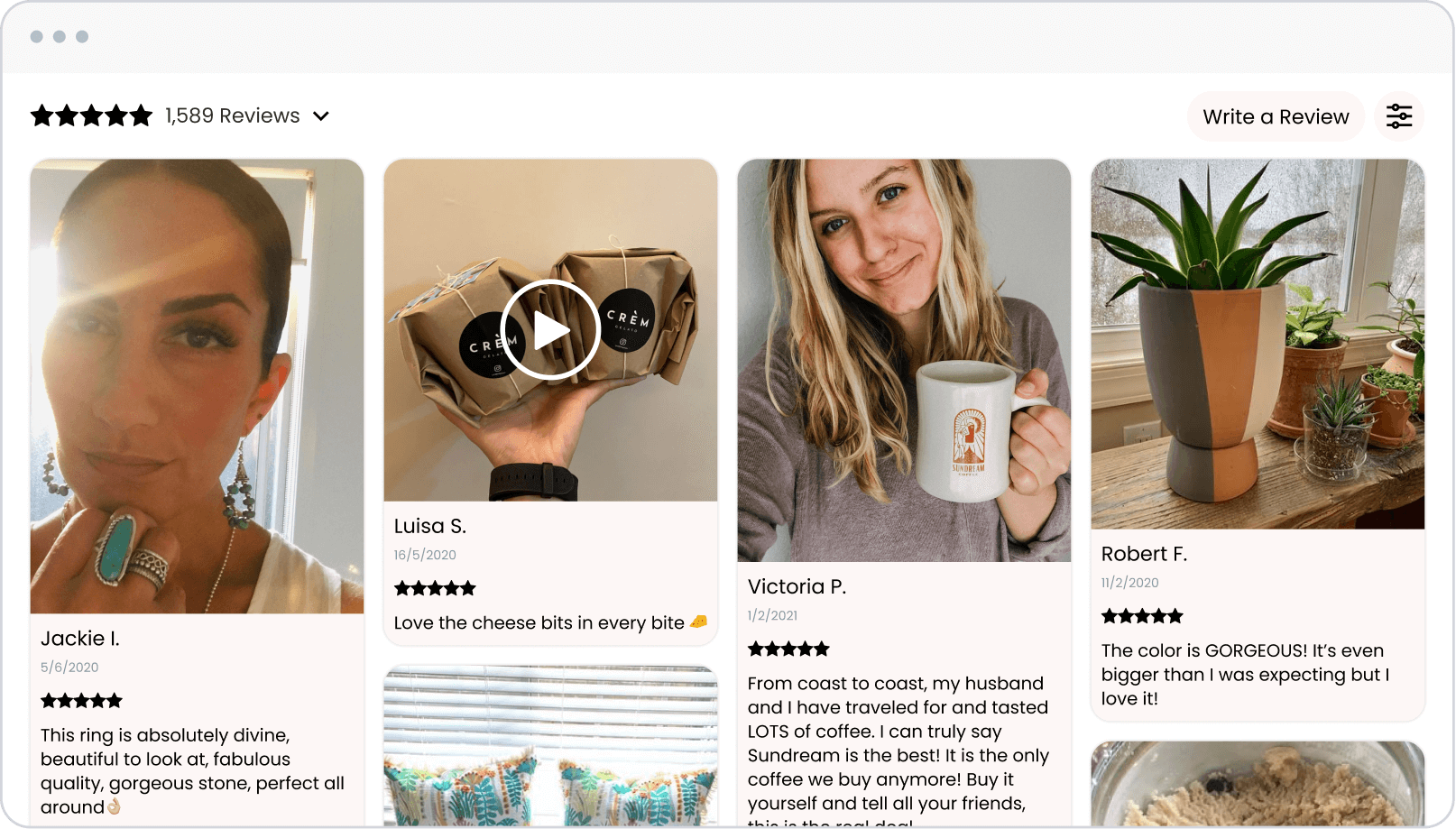 A graphic that shows how the Shopify app called Loox will display online reviews with photos and videos on a Shopify store