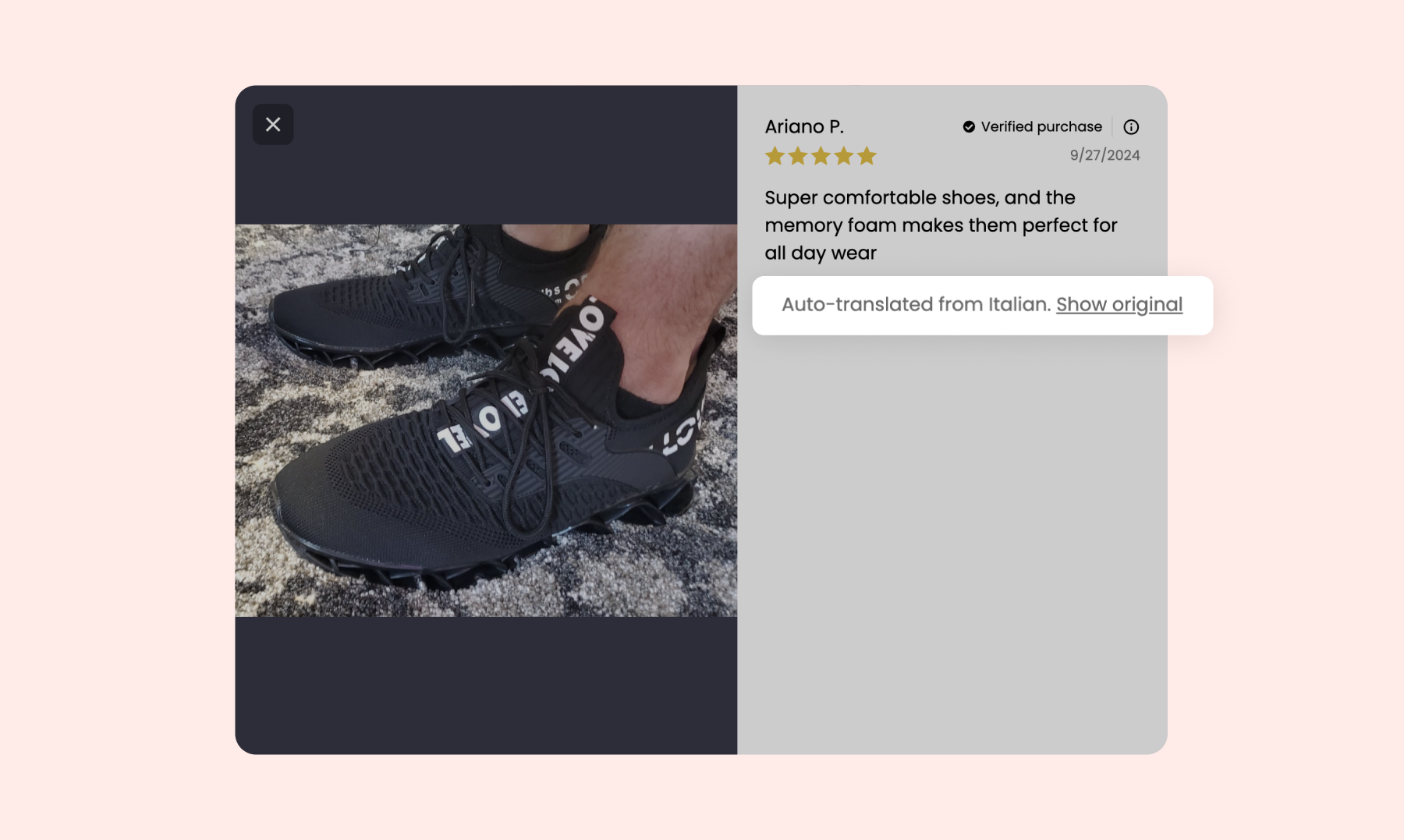 Loox visual indication giving your shoppers the option to view the review in its original language.